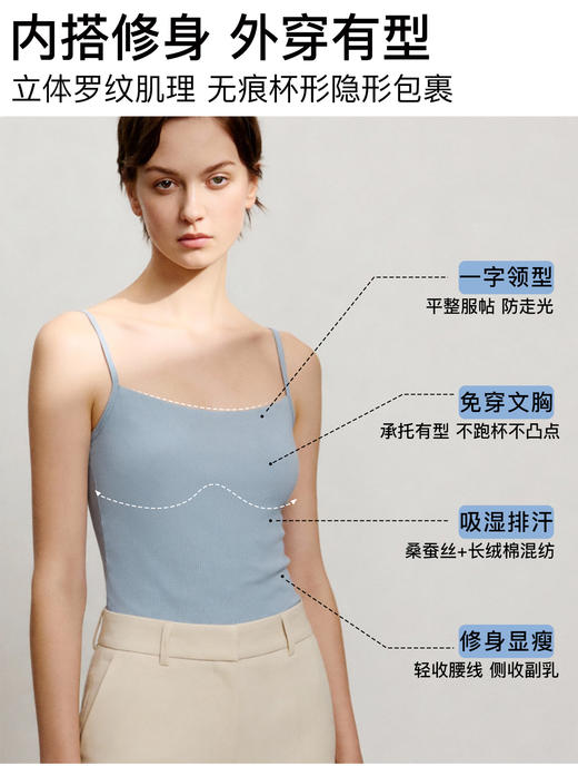 官网899！内家桑蚕丝长绒棉混纺一字领吊带女 免穿文胸百搭修身防走光打底背心 商品图5