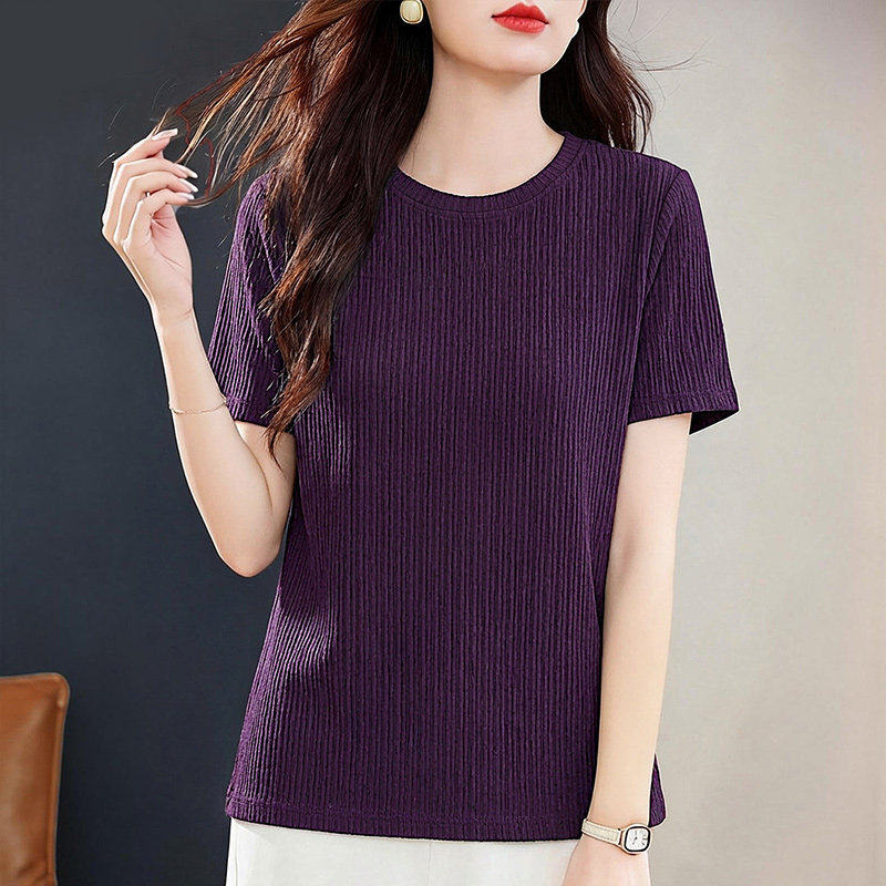 紫色条纹短袖t恤女新款夏季时尚洋气女装休闲大码体恤衫半袖上衣