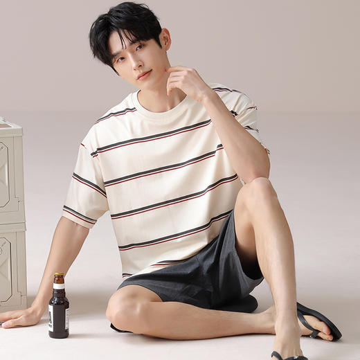 男士夏季纯棉薄款睡衣 休闲简约家居服套装 商品图2