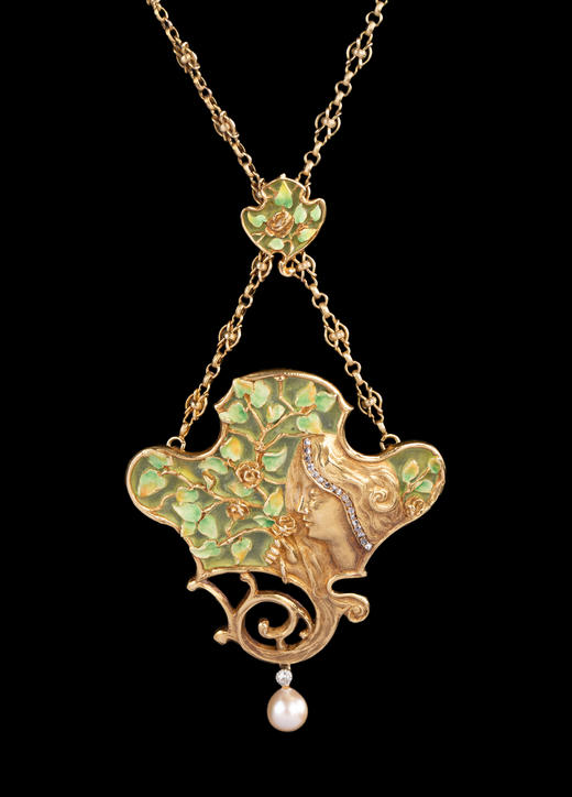独角鹿西洋古董1900年代法国出品新艺术风格少女与玫瑰主题18K黄金镶嵌钻石珍珠空窗珐琅吊坠项链 商品图2