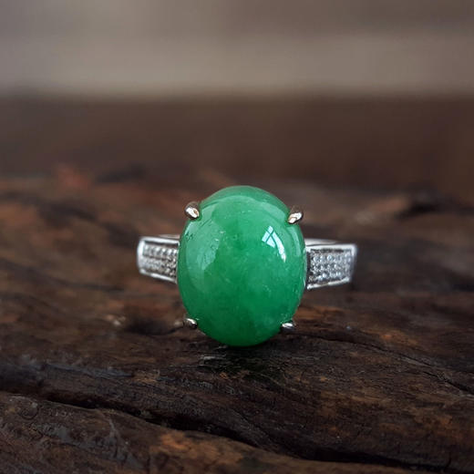 【天然正品】A货翡翠通灵珠宝AU750白金镶钻镶天然细腻8.318克拉满绿糯种蛋面翡翠戒指14号（戒圈可改）280226HSD44 商品图5