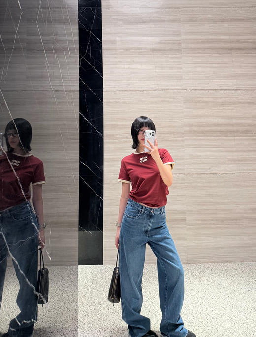 缪缪 撞色圆领棉质短袖T恤 商品图7