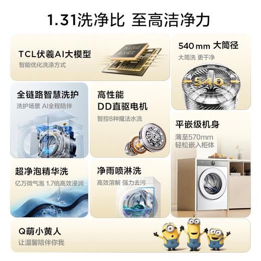 【新品上市】TCL小黄人·大眼萌超级筒T7R PRO 10公斤DD直驱变频滚筒 G100T7R Pro-DI 商品图1