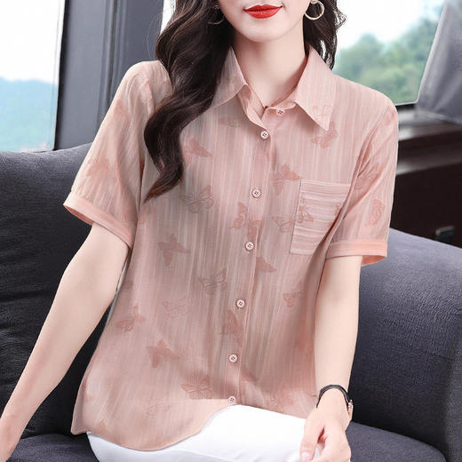 胖MM大码女装夏季新款女士宽松雪纺短袖洋气衬衫中长款高端上衣 商品图3