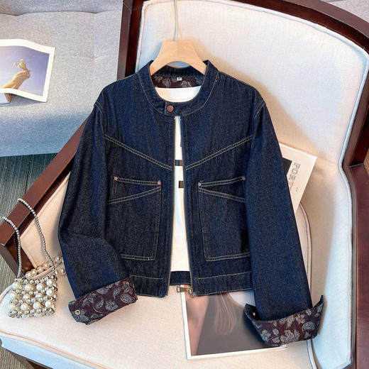 丁摩 巨好看的丹宁深蓝色圆领牛仔外套女短款早春秋季棒球领夹克6ZF-Q8083 商品图1