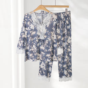 美奈川莫代尔薄款碎花睡衣女家居服柔软舒适睡眠衣服上衣裤子套装 水墨印花莫代尔八分袖蕾丝套装JJ28190