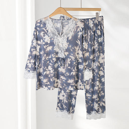 美奈川莫代尔薄款碎花睡衣女家居服柔软舒适睡眠衣服上衣裤子套装 水墨印花莫代尔八分袖蕾丝套装JJ28190 商品图0