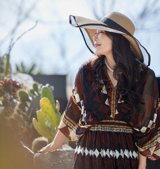 【林栖设计小店】地色几何|暗红色复古气质显瘦2026夏新款印花真丝连衣裙1962199 商品图4