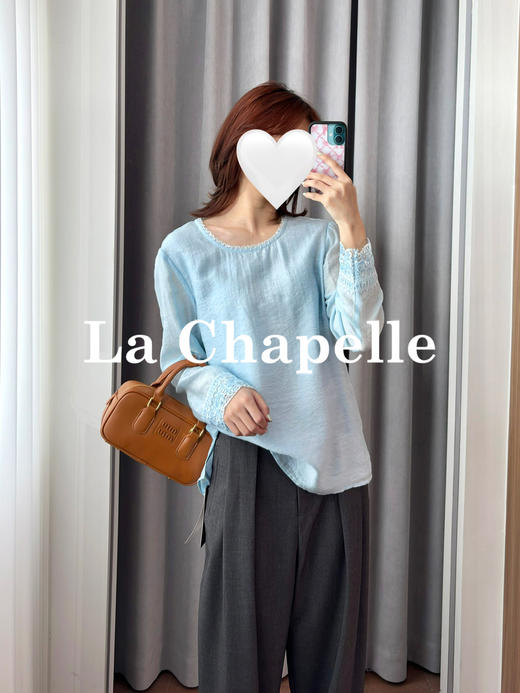 专柜实拍【天丝莱赛尔】拉夏贝尔/La Chapelle国风轻薄衬衫静奢圆领蕾丝花边串珠设计感长袖小衫 商品图2
