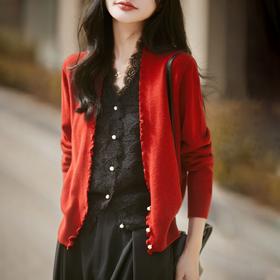 百媚生 蚕丝羊毛蕾丝假两件针织开衫外套V领上衣NS-6010A-70