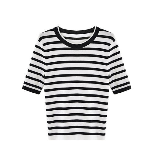 「自」全新升级【铂金会员183/天猫239/差价56】(23707)洛诗琳超细天丝条纹针织短袖女2026春夏新款圆领套头上衣 商品图4