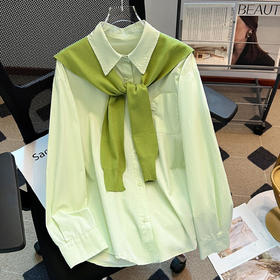 丁摩 牛油果绿色长袖衬衫外套加披肩两件套女春季新中长款宽松上衣6ZF-26C2655