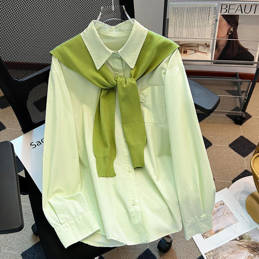 丁摩 牛油果绿色长袖衬衫外套加披肩两件套女春季新中长款宽松上衣6ZF-26C2655 商品图0