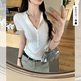 西遇亨特领纯色短袖T恤女2026年夏季新款极简风气质收腰修身上衣SS060235