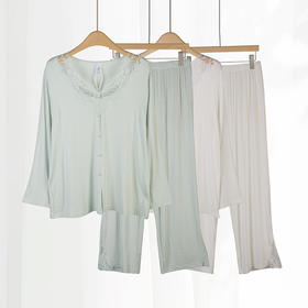 美奈川睡衣女家居服套装花边v领长袖套装 JJ28194