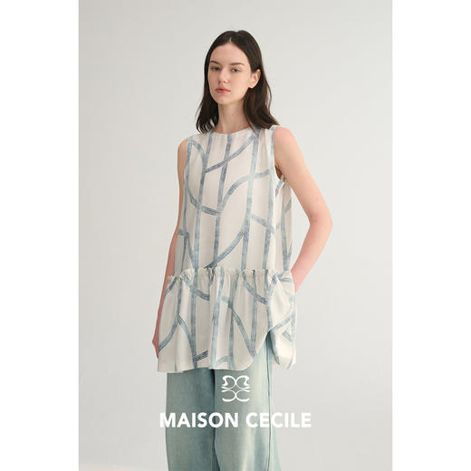 MC桑蚕丝du家印花条纹设计感无袖拼接娃娃衫上衣MAISON CECILE 商品图3