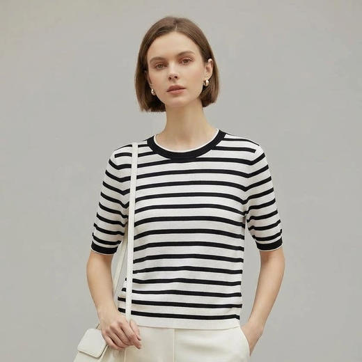 「自」全新升级【铂金会员183/天猫239/差价56】(23707)洛诗琳超细天丝条纹针织短袖女2026春夏新款圆领套头上衣 商品图0
