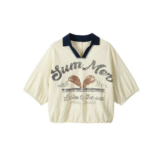 谜底印花T恤短袖2026夏季新品撞色POLO领复古休闲宽松女262MT0470 商品图4