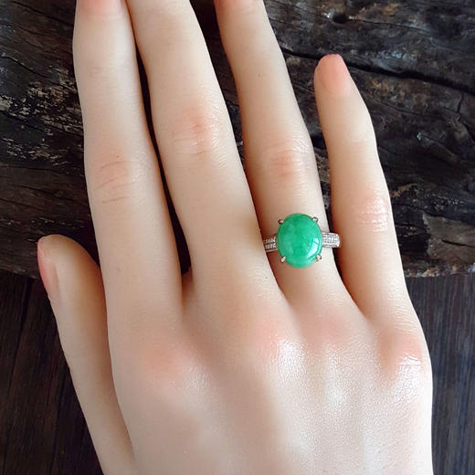 【天然正品】A货翡翠通灵珠宝AU750白金镶钻镶天然细腻8.318克拉满绿糯种蛋面翡翠戒指14号（戒圈可改）280226HSD44 商品图7