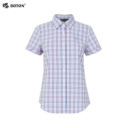 波顿夏季女士活力蓝橙格翻领短袖衬衫 轻薄透气日常百搭气质上衣LS010225 商品图5