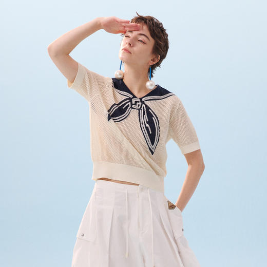 谜底套头针织衫短袖2026夏季新品海军领提花舒适毛衣女262MZ0789 商品图1