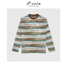 03-4潘依绣丁丁宠粉【油画色彩】小众设计撞色渐变条纹圆领长袖T恤W-63416