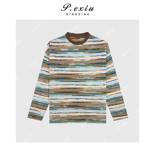 03-4潘依绣丁丁宠粉【油画色彩】小众设计撞色渐变条纹圆领长袖T恤W-63416 商品图0
