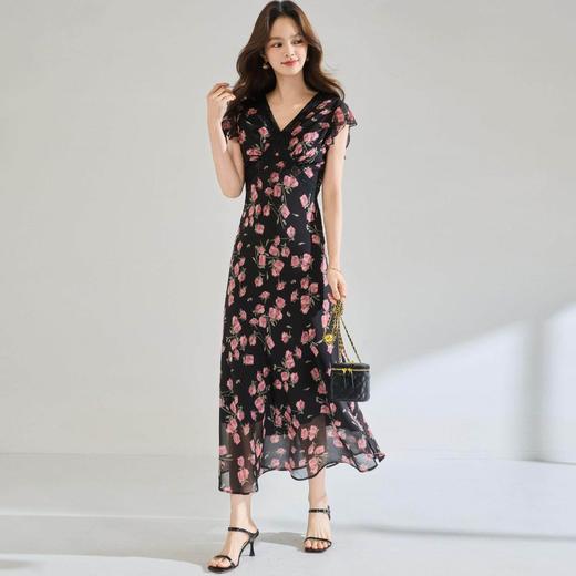 「高货sh」全新升级【铂金会员275/天猫369/差价94】(12409)洛诗琳玫瑰印花雪纺连衣裙2026法式蕾丝花边V领收腰显瘦裙 商品图4