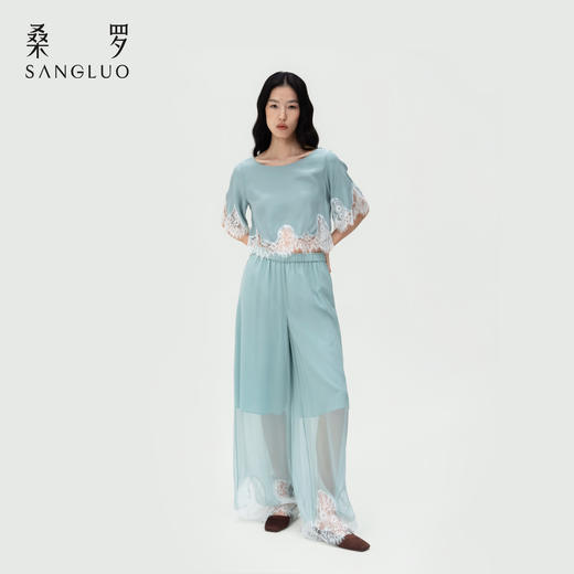 轻盈随心』桑罗蓝蕾丝拼接真丝睡衣套装100%桑蚕丝女家居服可外穿 商品图4