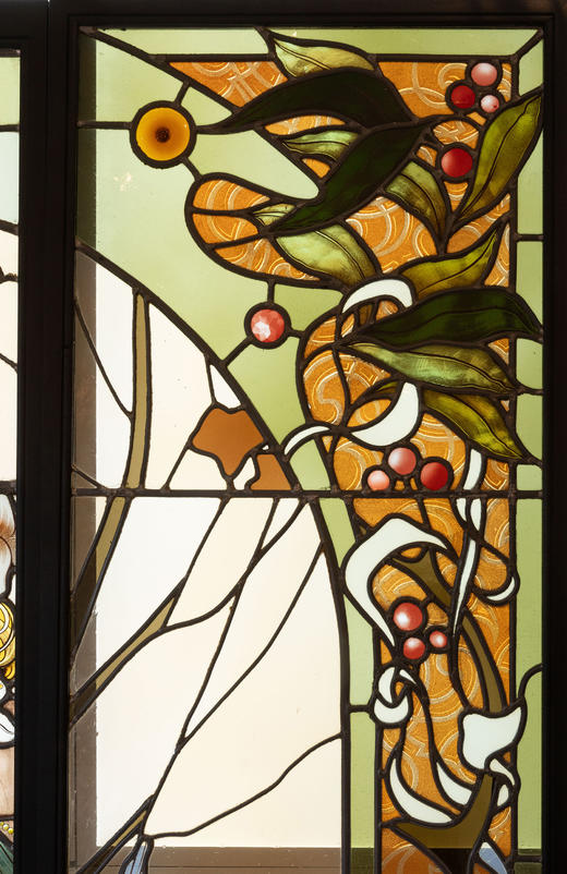 独角鹿西洋古董1920年代法国出品新艺术运动风格《百合少女》主题巨幅三联式彩绘玻璃花窗 商品图10