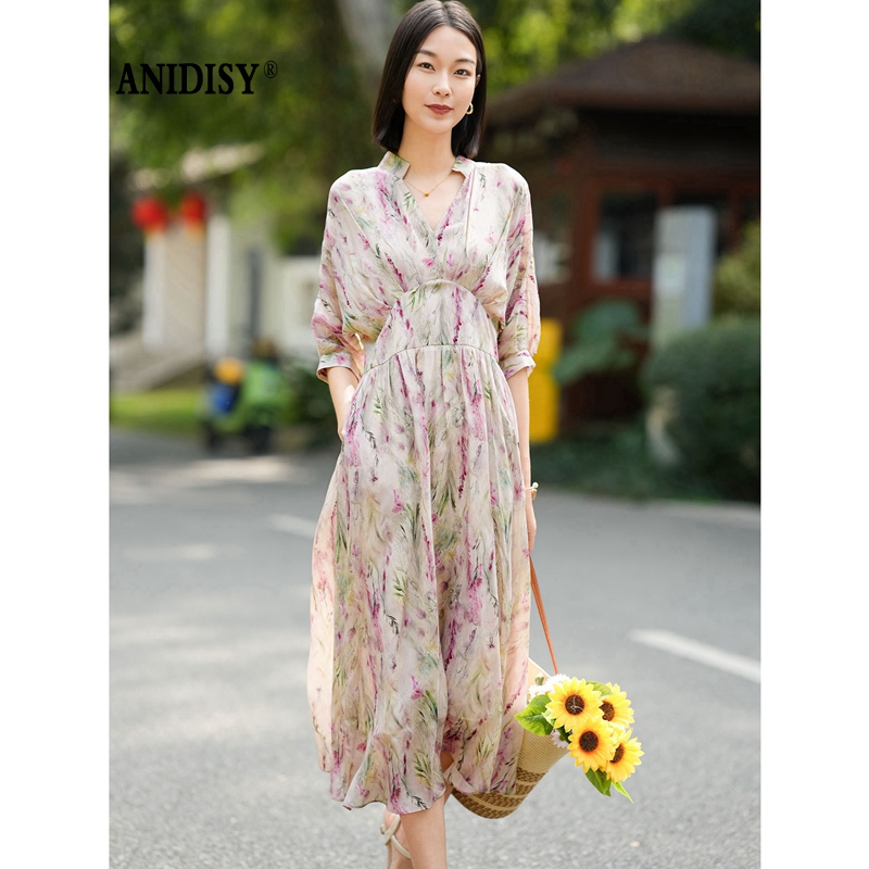 时尚法式V领七分袖收腰气质碎花连衣裙