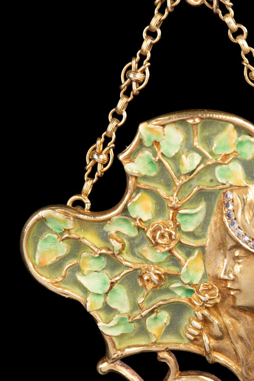 独角鹿西洋古董1900年代法国出品新艺术风格少女与玫瑰主题18K黄金镶嵌钻石珍珠空窗珐琅吊坠项链 商品图4