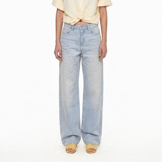 NUTH立体压褶猫须纹复古浅蓝直筒牛仔裤女（预售/发货时间同步天猫） 商品图0