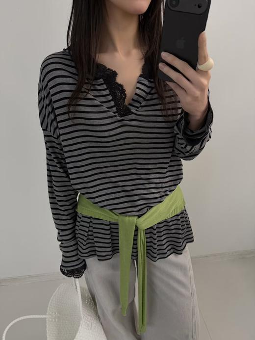 老米优品🎈3-5天！韩代同款《条纹蕾丝边防晒面膜tee》蕾丝与条纹的温柔碰撞，慵懒松弛又韩系~ T260322C 商品图1