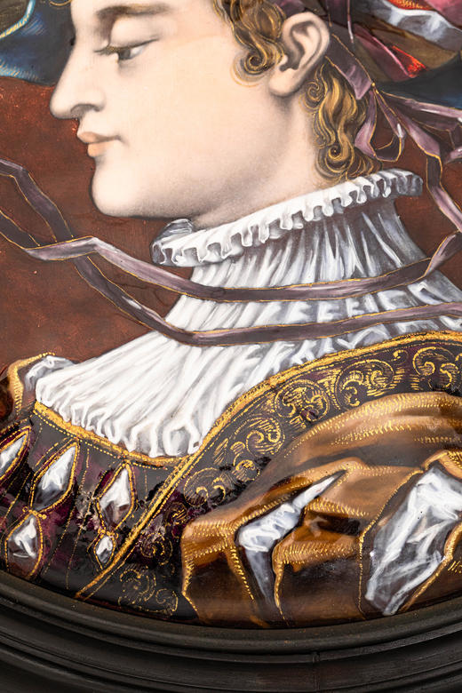 独角鹿西洋古董19世纪法国珐琅宗师保罗·索耶签名创作出品巨幅铜胎画珐琅肖像挂屏对 商品图4