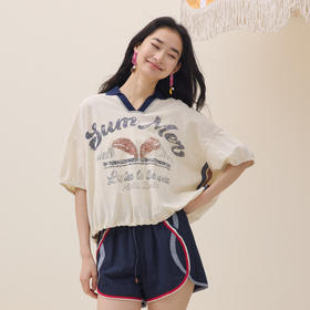 谜底印花T恤短袖2026夏季新品撞色POLO领复古休闲宽松女262MT0470