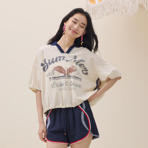 谜底印花T恤短袖2026夏季新品撞色POLO领复古休闲宽松女262MT0470 商品图0