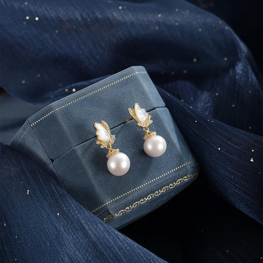 子佩集【蝶梦星河】银S925珍珠惜王妃耳钉【MLEH017】9.5mm珠镀金白贝母蝴蝶2601 商品图1