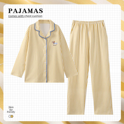 雀说纯棉睡衣女春秋季长袖开衫翻领家居服套装简约休闲可外穿ALW02G412345 商品图4