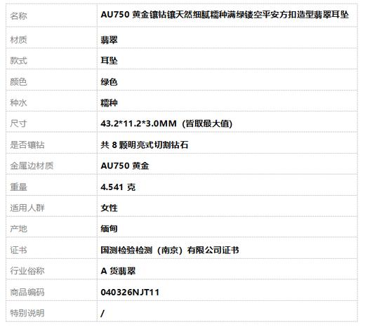 【天然正品】A货翡翠AU750黄金镶钻镶天然细腻糯种满绿镂空平安方扣造型翡翠耳坠040326NJT11 商品图6
