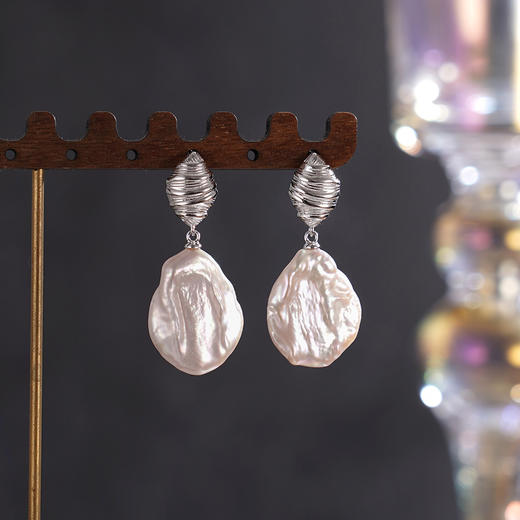 子佩集【柔波夜曲】银S925珍珠惜王妃耳钉【SPE0510009】15*20mm珠巴洛克扁珠2601 商品图0