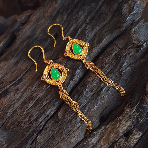 【天然正品】A货翡翠AU750黄金镶钻镶天然细腻冰种满绿葫芦（福禄平安）翡翠流苏耳坠040326NJT05 商品图5