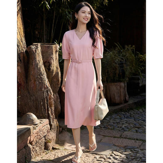 米思阳2026春夏新款时尚简约V领连衣裙收腰职场通勤裙子女士1735/1039 商品图11
