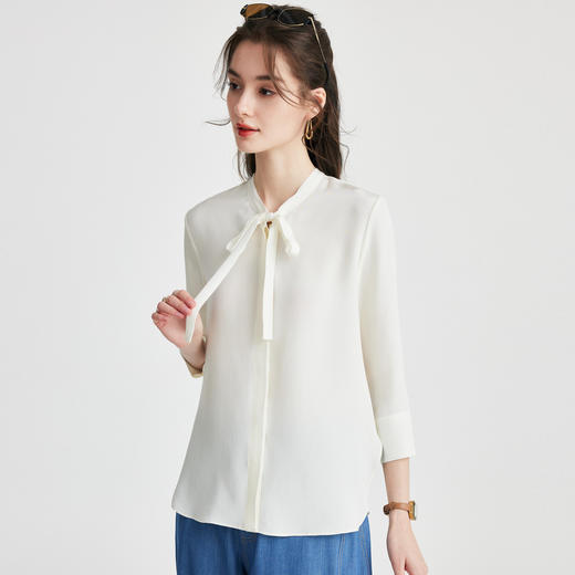 PALUOPO/PL重磅桑蚕丝春夏系带领甜美上衣休闲百搭通勤长袖衬衫ES250757Z 商品图3