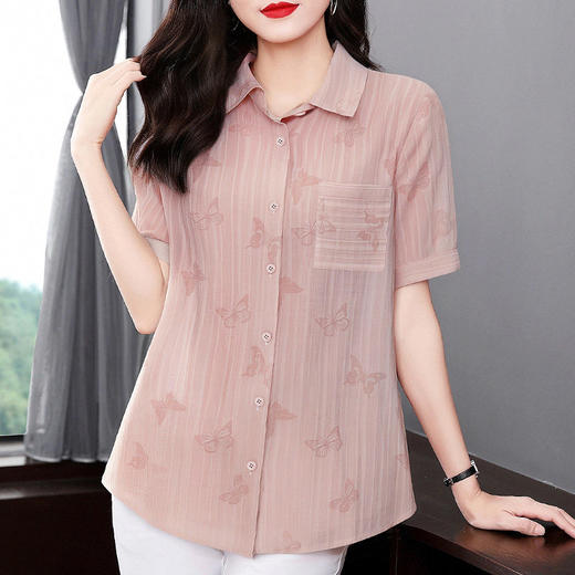 胖MM大码女装夏季新款女士宽松雪纺短袖洋气衬衫中长款高端上衣 商品图0