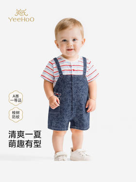 英氏婴儿连身衣宝宝夏连体衣男宝假两件牛仔短袖哈衣YRHBJ2S026A