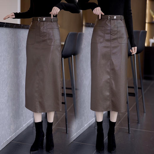 丁摩 咖色皮裙女春秋新款高腰开叉直筒裙时尚a字半身裙很火的裙子6ZF-310 商品图1