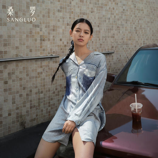 颠覆丹宁』桑罗复古牛仔印花真丝衬衫裙100%桑蚕丝女家居服可外穿 商品图1