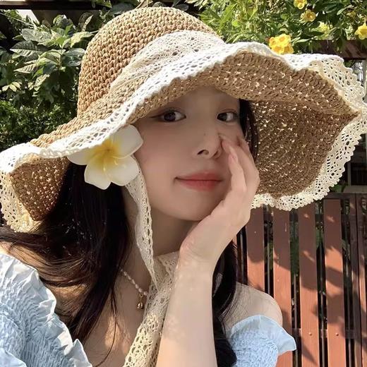 【出片遮阳！韩式ins】海边度假风帽子网红帽出片草帽蕾丝花边大帽檐帽子全遮脸防晒帽.xa 商品图0