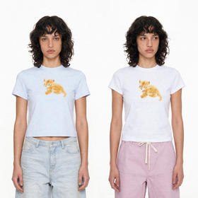 NUTH俏皮手绘豹子动物印花弹力修身薄款正肩短袖t恤女（预售/发货时间同步天猫）